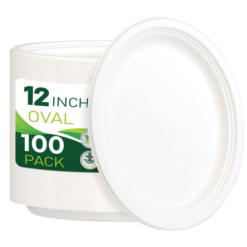 BIRCHIO 100PCS 100% Compostable White Oval Paper Plates(12in)  Heavy Duty Disposable Plates  Eco-Friendly Dinner Plates  Biodegradable Salad  Meal  Dessert Plates  Perfect for Parties  Picnic  BBQ - Image 1