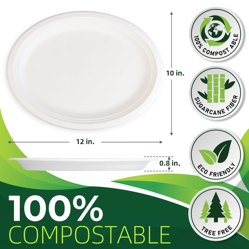 BIRCHIO 100PCS 100% Compostable White Oval Paper Plates(12in)  Heavy Duty Disposable Plates  Eco-Friendly Dinner Plates  Biodegradable Salad  Meal  Dessert Plates  Perfect for Parties  Picnic  BBQ - Image 2