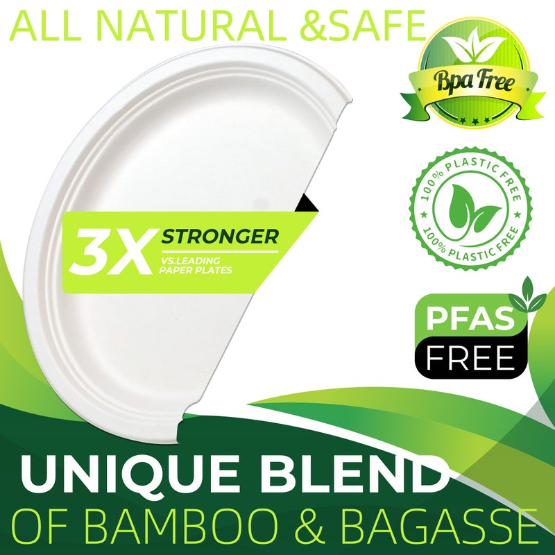 BIRCHIO 100PCS 100% Compostable White Oval Paper Plates(12in)  Heavy Duty Disposable Plates  Eco-Friendly Dinner Plates  Biodegradable Salad  Meal  Dessert Plates  Perfect for Parties  Picnic  BBQ - Image 3