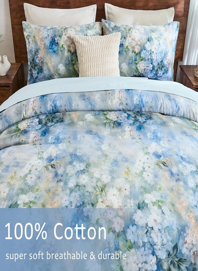 Bedorm Floral Queen Comforter Set 3 Pcs Country Cotton Bedding Blue White Flower Botanical Monet Style Bedroom Decor Artwork Chic Bedding Comforter All Season - Image 4