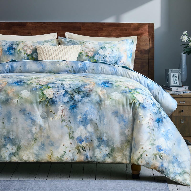Bedorm Floral Queen Comforter Set 3 Pcs Country Cotton Bedding Blue White Flower Botanical Monet Style Bedroom Decor Artwork Chic Bedding Comforter All Season - Image 1
