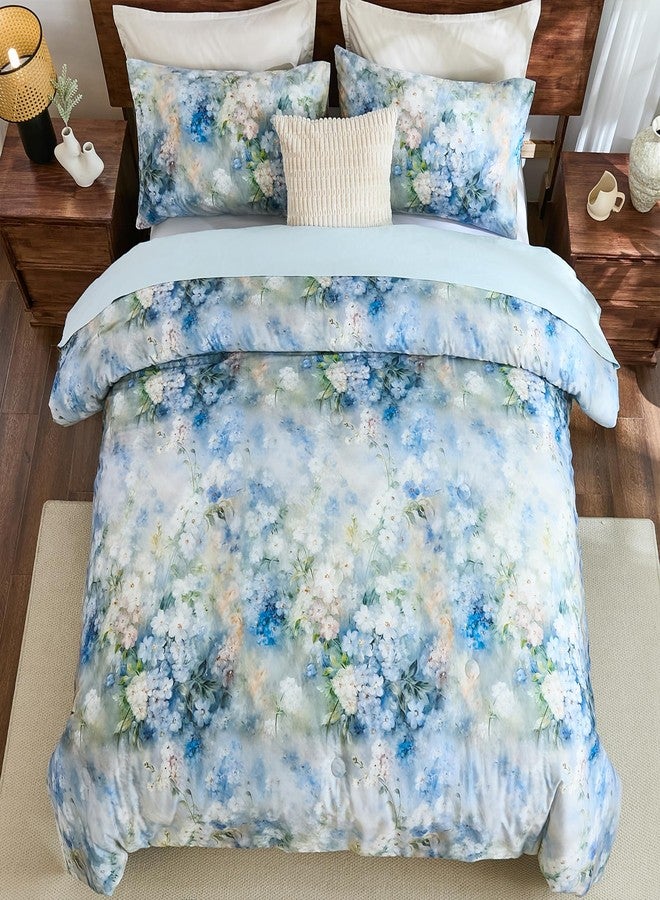 Bedorm Floral Queen Comforter Set 3 Pcs Country Cotton Bedding Blue White Flower Botanical Monet Style Bedroom Decor Artwork Chic Bedding Comforter All Season - Image 5