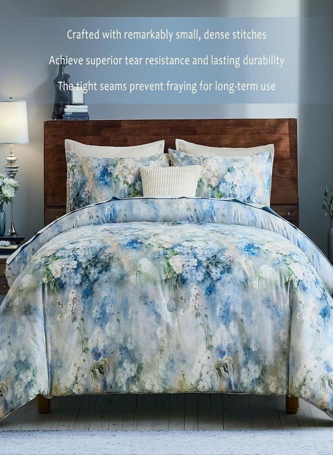 Bedorm Floral Queen Comforter Set 3 Pcs Country Cotton Bedding Blue White Flower Botanical Monet Style Bedroom Decor Artwork Chic Bedding Comforter All Season - Image 3