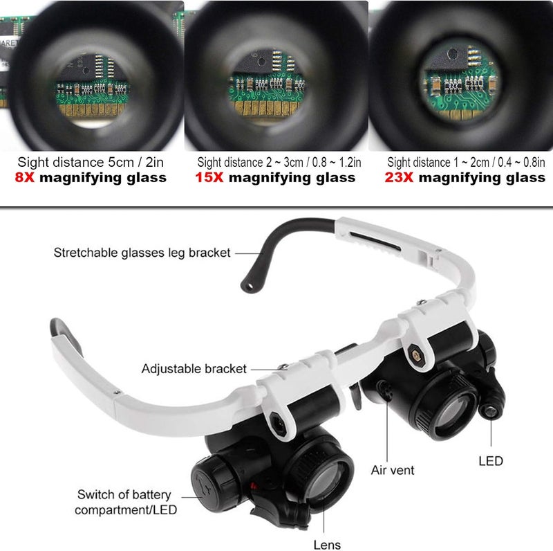 klarako Glasses Magnifier, Head Wearing Magnifying Glass with LED Light, Jeweler Magnifying Glasses Tool for Reading Repairing, Lens- 8X 15X 23X - Image 4