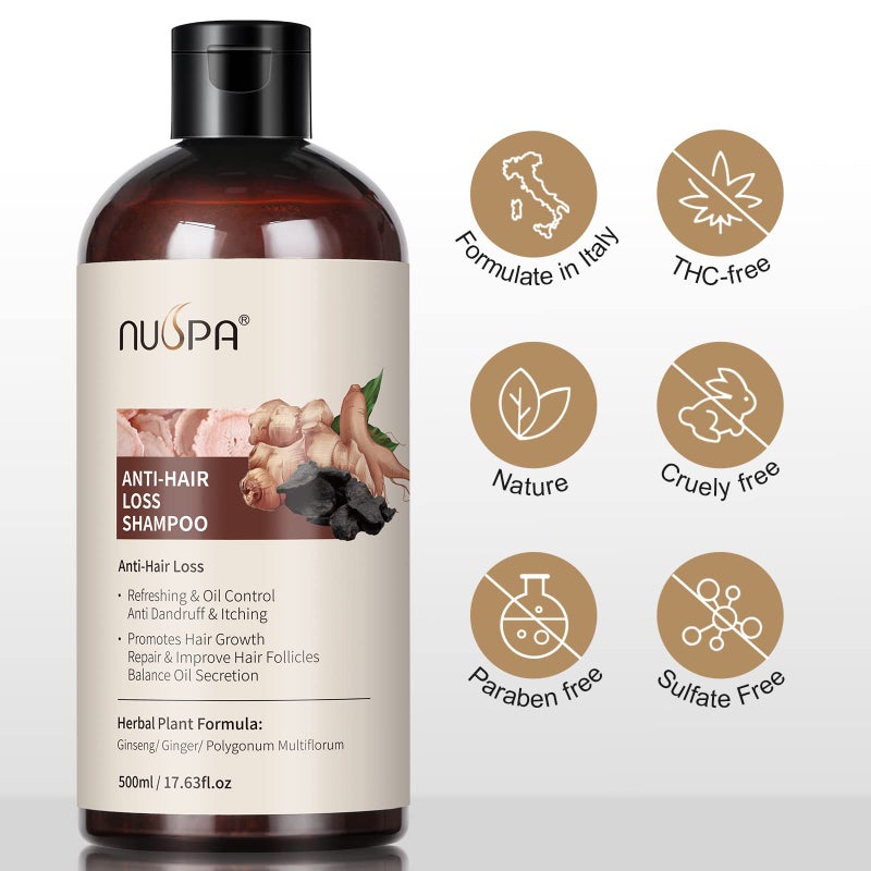 NUSPA شامبو عشبي مضاد لتساقط الشعر 5 في 1، غسيل شعر عضوي طبيعي 100% مضاد لتساقط الشعر معزز بالزنجبيل، الجنسنج، بوليغونوم مولتيفلوروم، علاج للعناية بالشعر المتجدد للنساء والرجال، للاستخدام اليومي - Image 2