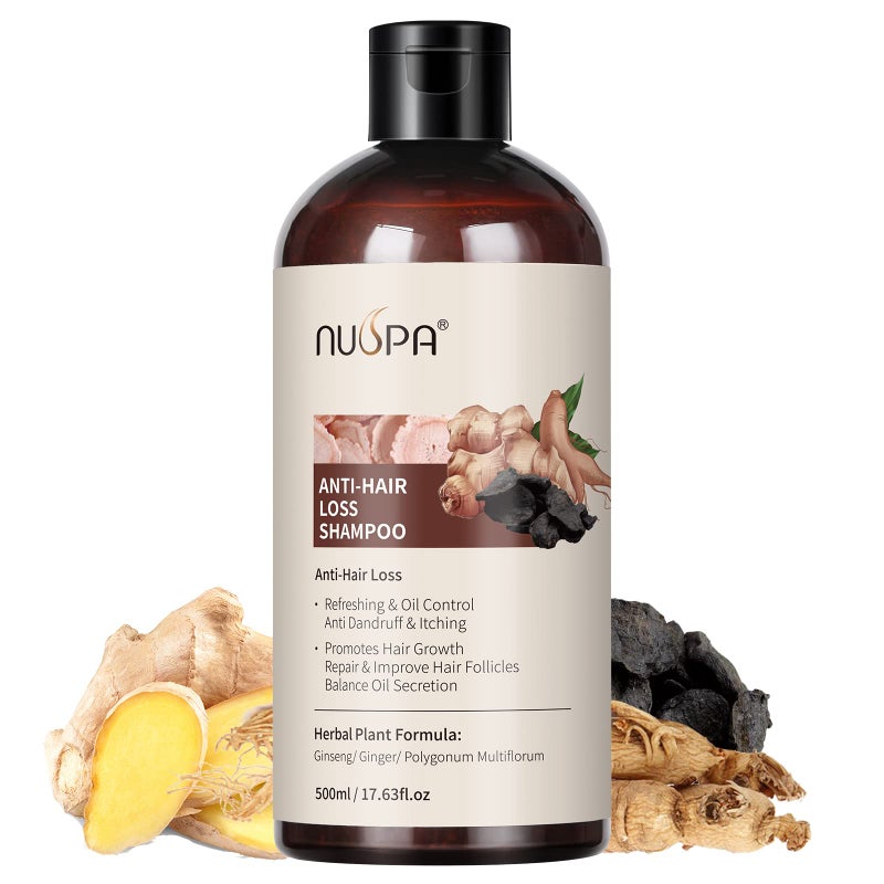 NUSPA شامبو عشبي مضاد لتساقط الشعر 5 في 1، غسيل شعر عضوي طبيعي 100% مضاد لتساقط الشعر معزز بالزنجبيل، الجنسنج، بوليغونوم مولتيفلوروم، علاج للعناية بالشعر المتجدد للنساء والرجال، للاستخدام اليومي - Image 1