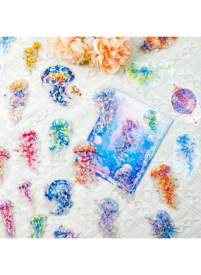 Bluejw 30 Pieces Of Ocean World Series Colorful Jellyfish PET Laser Stickers Hot Silver Waterproof Hand Account Decoration Stickers - Image 2