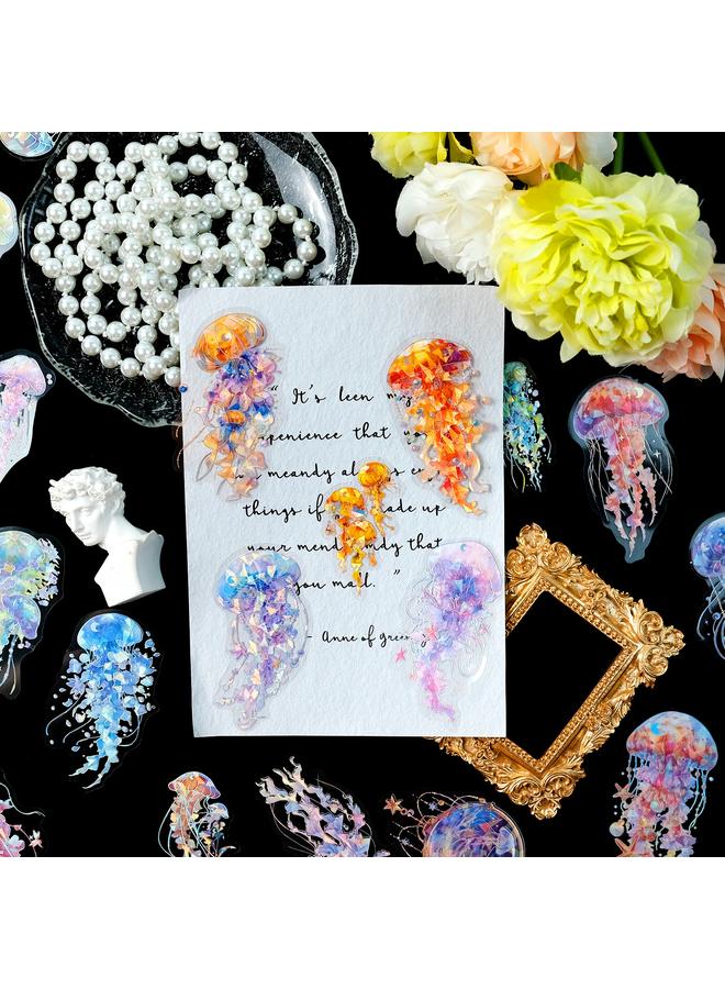Bluejw 30 Pieces Of Ocean World Series Colorful Jellyfish PET Laser Stickers Hot Silver Waterproof Hand Account Decoration Stickers - Image 5