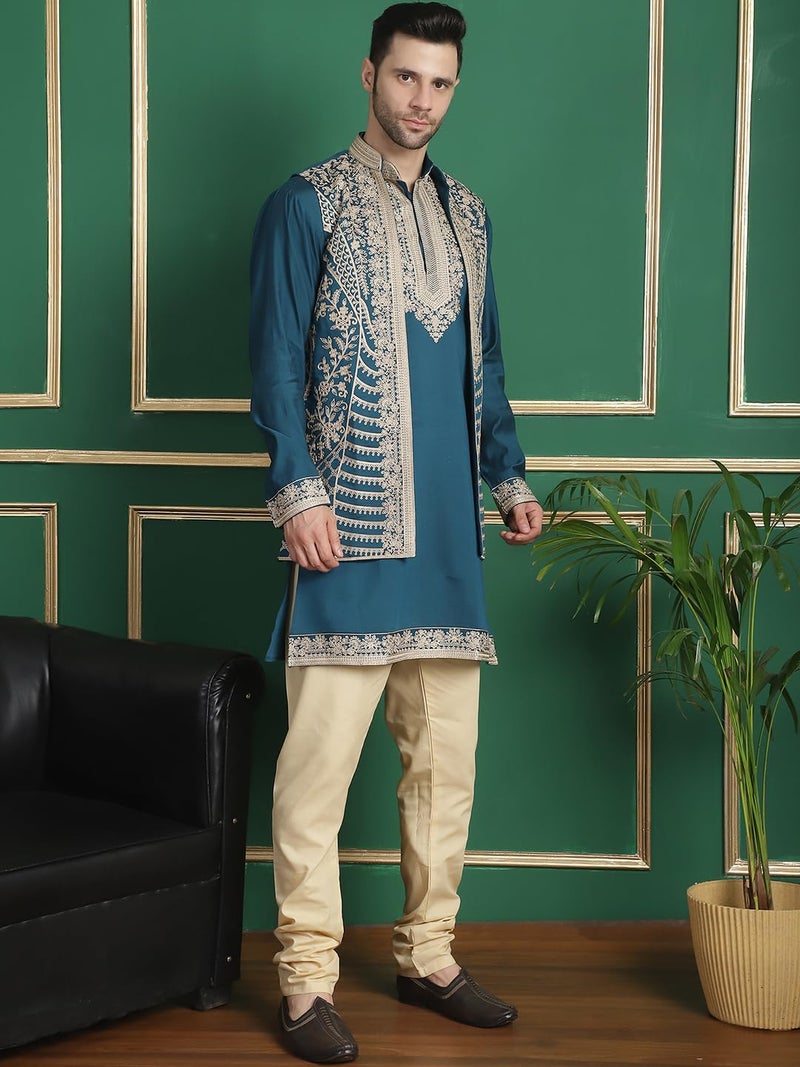 Jompers Men's Classic Embroidered Kurta Pyjama Set with Waistcoat - Image 3