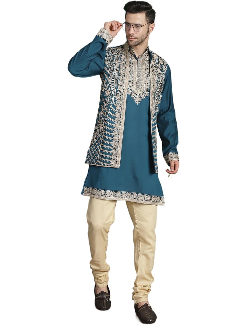 Jompers Men's Classic Embroidered Kurta Pyjama Set with Waistcoat - Image 1