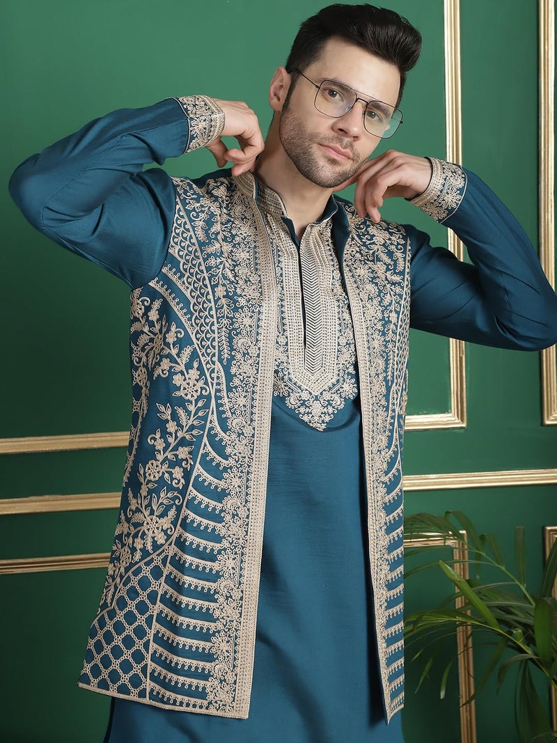 Jompers Men's Classic Embroidered Kurta Pyjama Set with Waistcoat - Image 5