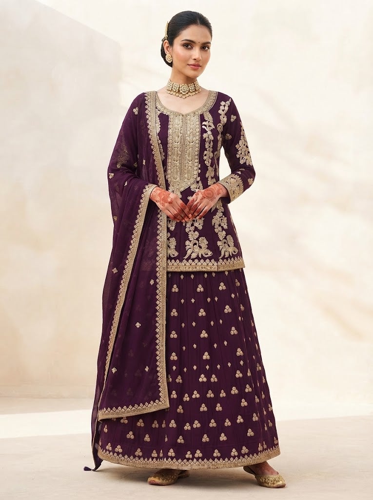 VINY Plum 3-Piece Embroidered Kurta Lehenga Set – Women's Indian Ethnic Wear - Image 1