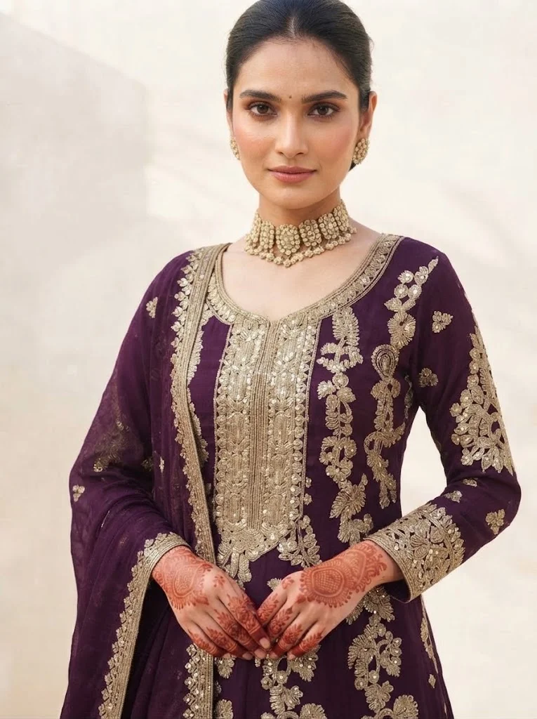 Viny VINY Plum 3-Piece Embroidered Kurta Lehenga Set – Women's Indian Ethnic Wear
