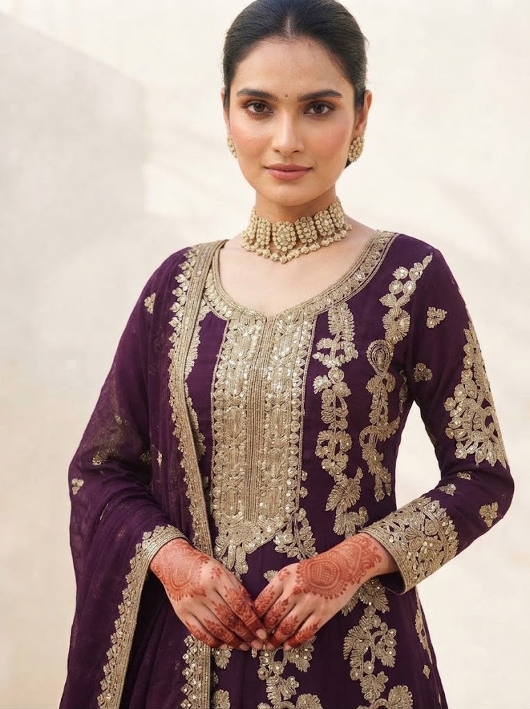 VINY Plum 3-Piece Embroidered Kurta Lehenga Set – Women's Indian Ethnic Wear - Image 2