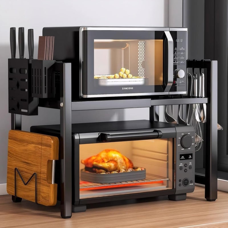 Expandable Microwave Oven Rack | Adjustable Stand with Storage Shelf, 6 Hooks, and Cutting Board Holder | Heavy Duty Kitchen Organizer - Image 1