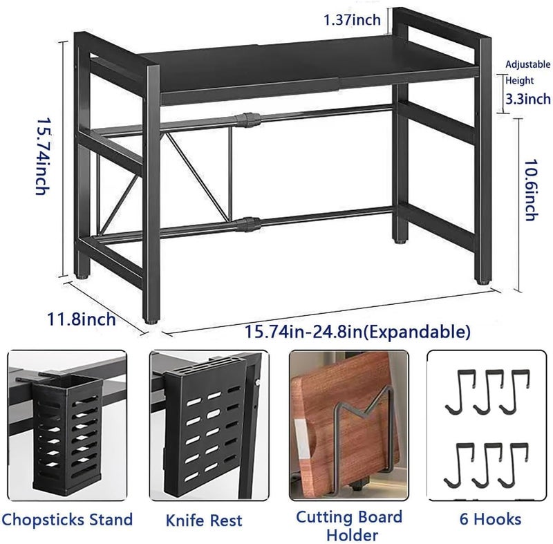Expandable Microwave Oven Rack | Adjustable Stand with Storage Shelf, 6 Hooks, and Cutting Board Holder | Heavy Duty Kitchen Organizer - Image 2
