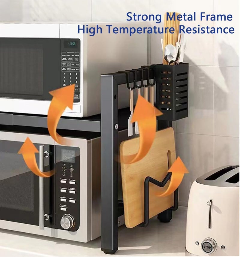 Expandable Microwave Oven Rack | Adjustable Stand with Storage Shelf, 6 Hooks, and Cutting Board Holder | Heavy Duty Kitchen Organizer - Image 5