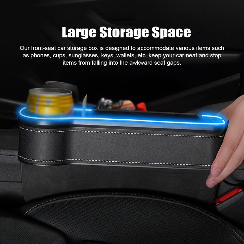Car Seat Trough Filler Organizer with USB LED Lights, Cup Holder Car Storage Box with 2 Fast-Charging Port Interior Accessory - Image 2