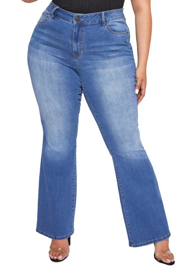 YMI Women's Junior Plus Size Classic Boot Cut Flare Bell Bottom Casual Denim Jeans (Light Blue, 18) - Image 1