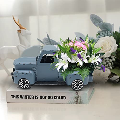 Fleecy day Blue Truck Decor Metal Small Cute Farm Car Decor Vintage Tree Flowers Handcrafted Decor Blue Metal Car Gift Boxes Pickup Truck Model - Image 3