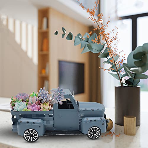 Fleecy day Blue Truck Decor Metal Small Cute Farm Car Decor Vintage Tree Flowers Handcrafted Decor Blue Metal Car Gift Boxes Pickup Truck Model - Image 4