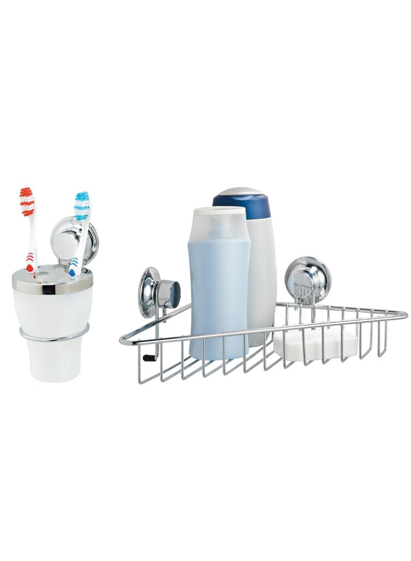 Everloc Essential Duo Pack - Toothbrush Holder & Single Shelf Corner Rack, Vacuum Suction, No Drilling, No Screws, Rustproof Wall Mounted Storage Solution for Shower  HTC-838 - Image 1