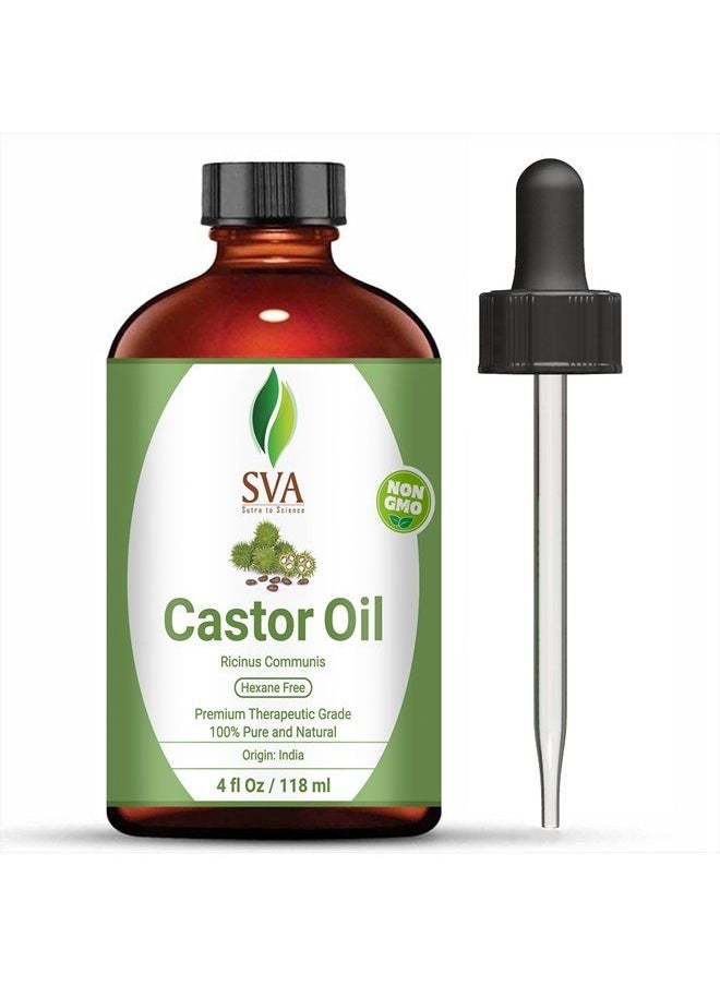 SVA Organics - SVA CASTOR OIL 4 Oz (118 ML) WITH DROPPER, 100% PURE, THERAPEUTIC GRADE | COLD PRESSED, HEXANE FREE - HAIR GROWTH, EYELASHES, EYEBROWS, SKIN & BODY MASSAGE. - Image 1
