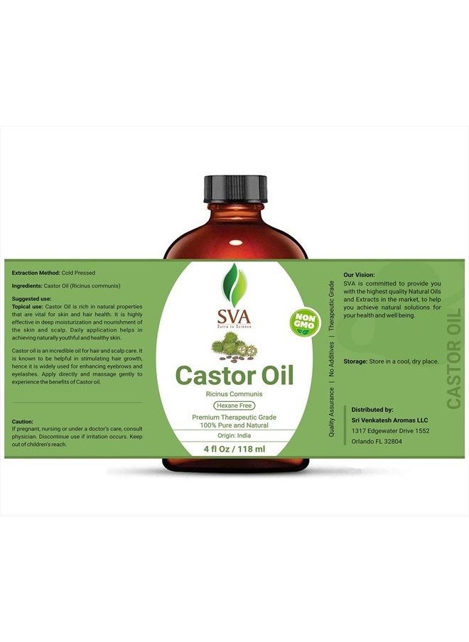 SVA Organics - SVA CASTOR OIL 4 Oz (118 ML) WITH DROPPER, 100% PURE, THERAPEUTIC GRADE | COLD PRESSED, HEXANE FREE - HAIR GROWTH, EYELASHES, EYEBROWS, SKIN & BODY MASSAGE. - Image 1
