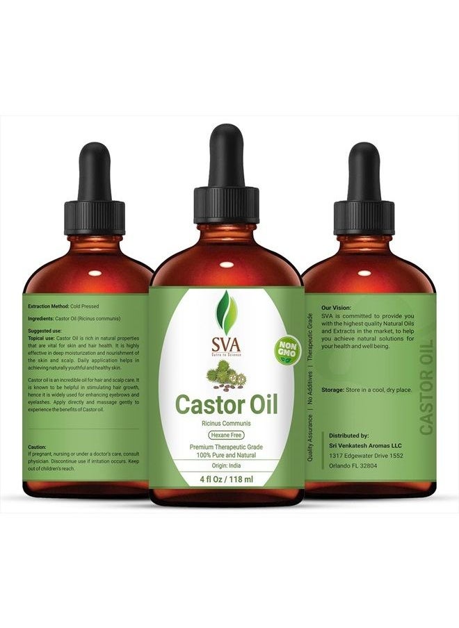 SVA Organics - SVA CASTOR OIL 4 Oz (118 ML) WITH DROPPER, 100% PURE, THERAPEUTIC GRADE | COLD PRESSED, HEXANE FREE - HAIR GROWTH, EYELASHES, EYEBROWS, SKIN & BODY MASSAGE. - Image 1