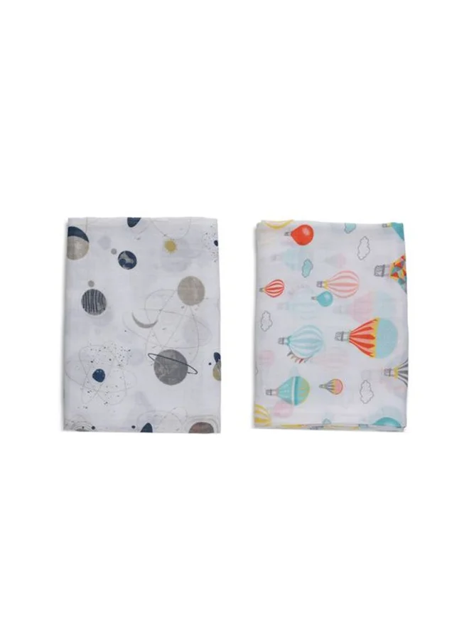 أنفي بيبي Organic Bamboo Muslin Swaddle Wrap Set of 2 Balloons and Planets