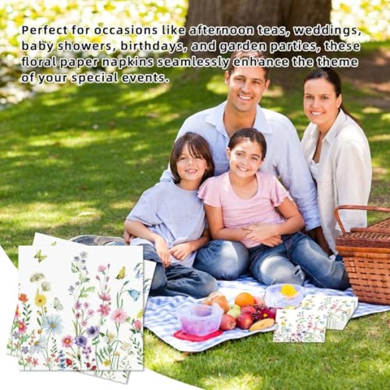 Floral Paper Napkins 16.5x16.5 Cm Soft Eco-Friendly - High Absorbency Skin-Friendly Napkins for Weddings Baby Showers Garden Parties - Image 5