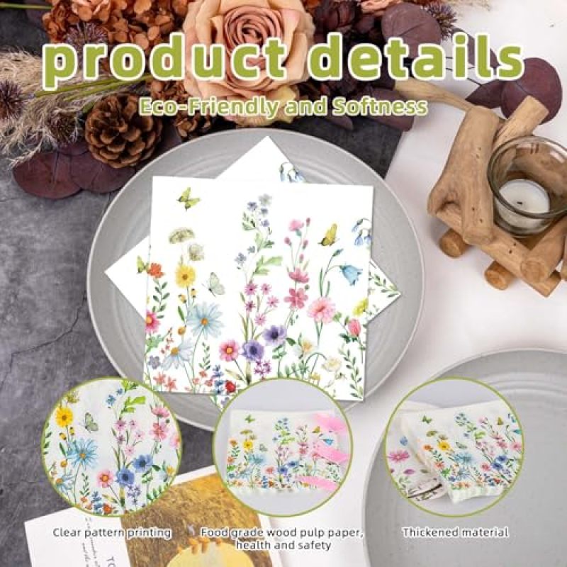 Floral Paper Napkins 16.5x16.5 Cm Soft Eco-Friendly - High Absorbency Skin-Friendly Napkins for Weddings Baby Showers Garden Parties - Image 3