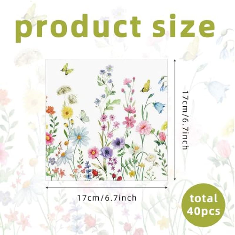 Floral Paper Napkins 16.5x16.5 Cm Soft Eco-Friendly - High Absorbency Skin-Friendly Napkins for Weddings Baby Showers Garden Parties - Image 2