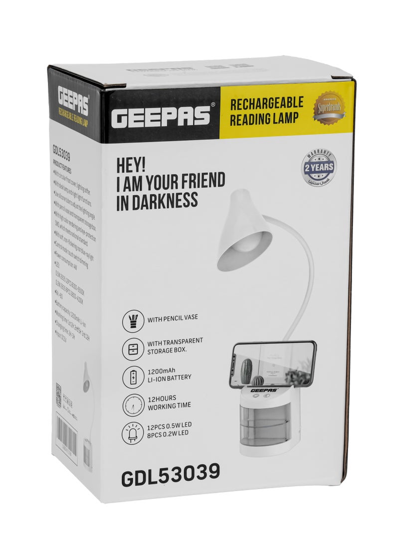 GEEPAS Rechargeable Reading Lamp/Table Lamp with Pencil Vase, Clear Storage Box, Adjustable Silicone Tube, Lithium Battery, GDL53039 White  - Image 3