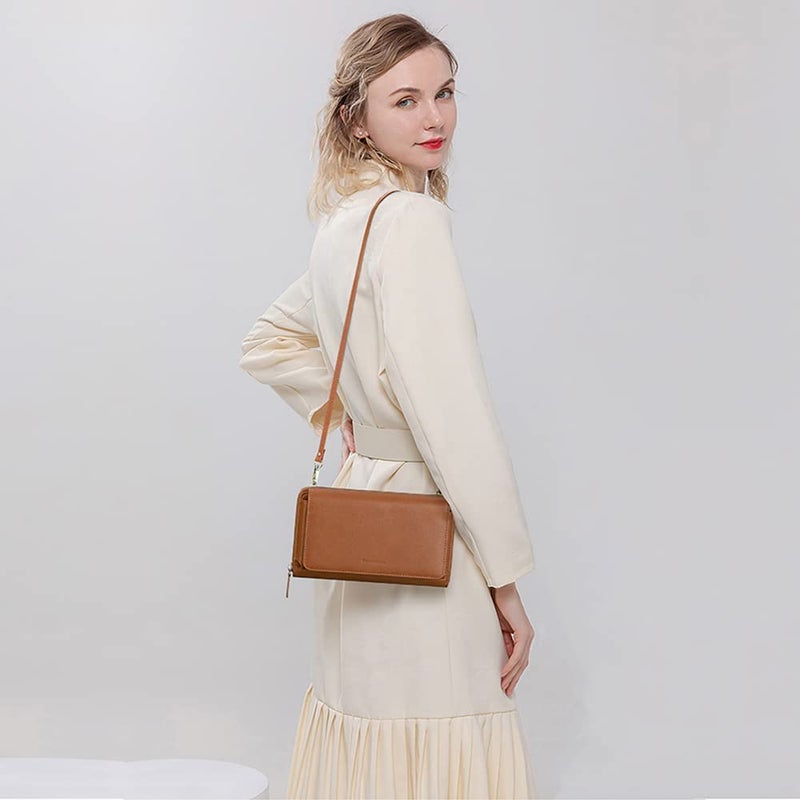 Peacocktion Brown RFID Wristlet Womens Wallet, Leather Travel Crossbody Bags for Women, Clutch Purses with Phone Pocket Zipper - Image 2