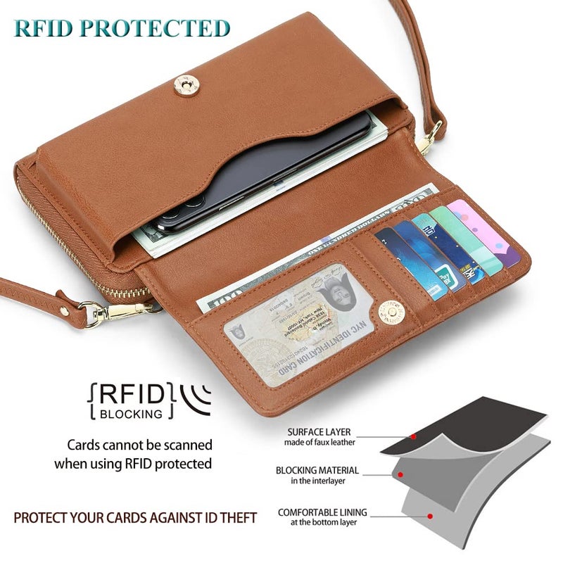 Peacocktion Brown RFID Wristlet Womens Wallet, Leather Travel Crossbody Bags for Women, Clutch Purses with Phone Pocket Zipper - Image 4