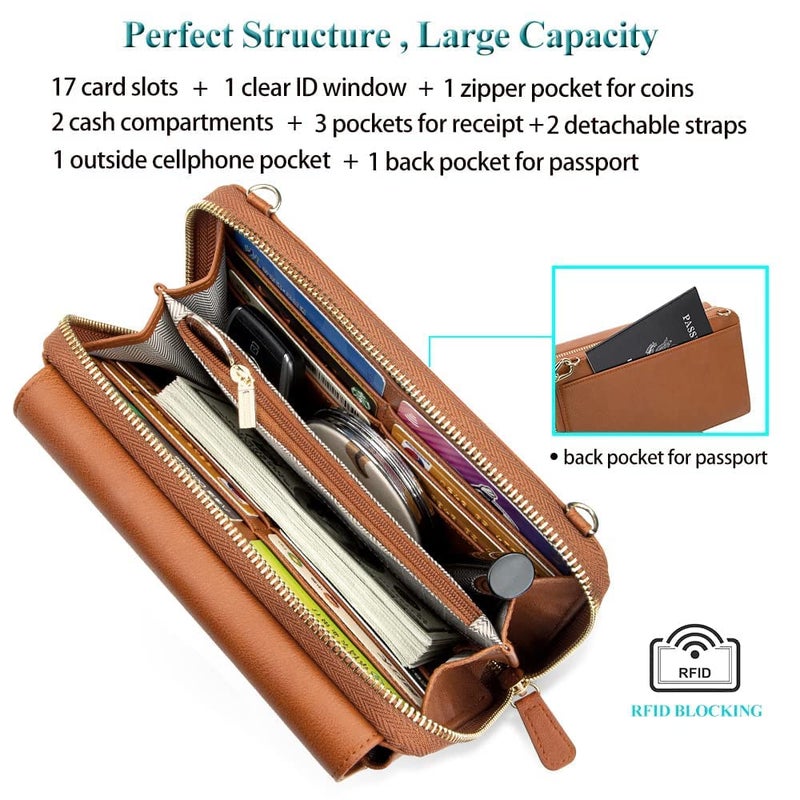 Peacocktion Brown RFID Wristlet Womens Wallet, Leather Travel Crossbody Bags for Women, Clutch Purses with Phone Pocket Zipper - Image 5