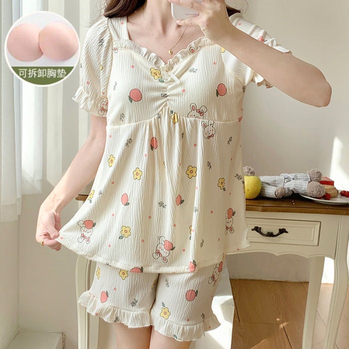 Summer Cotton-Like Pajama Set with Padded Bra 889# Cherry  - Image 2