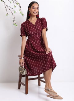 Ketch V Neck AOP A-Line Midi Dress by Styli  - Image 1
