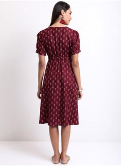 Ketch V Neck AOP A-Line Midi Dress by Styli  - Image 3