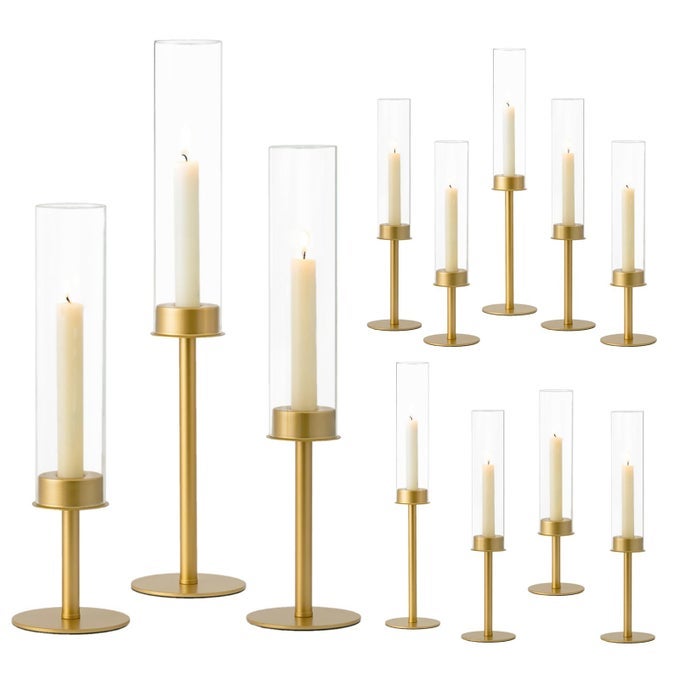 GOLD CANDLE HOLDERS HURRICANE CANDLESTICK HOLDERS 12PCS BRASS CANDLE STICK CANDLE HOLDER CANDELABRA TAPER CANDLE HOLDERS WITH GLASS CANDLE COVER FOR WEDDING TABLE CENTERPIECE CHRISTMAS DECOR