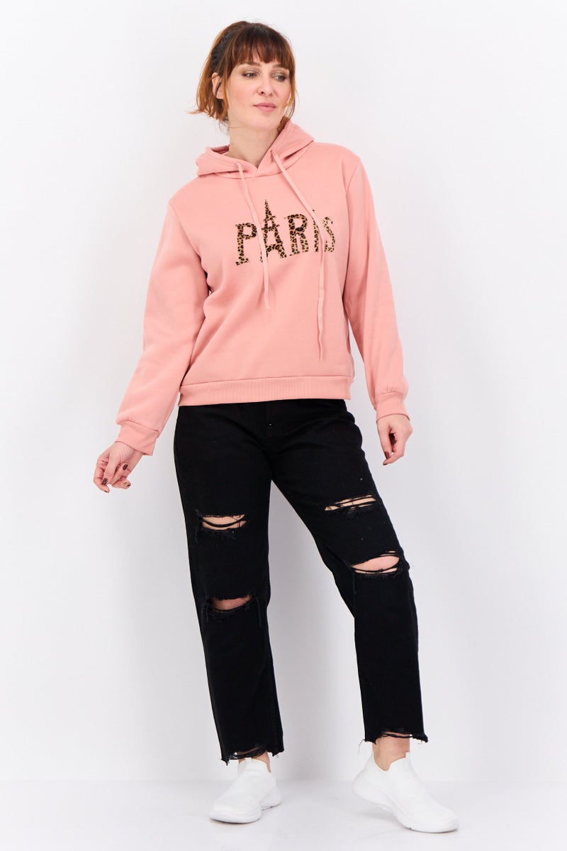 Buzz Women Hood With Drawstrings Fleece Printed Long Sleeves Sweatshirt, Rose Pink  - Image 4
