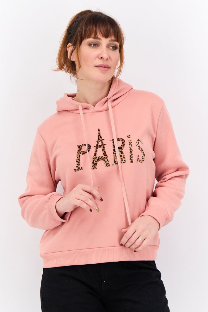 Buzz Women Hood With Drawstrings Fleece Printed Long Sleeves Sweatshirt, Rose Pink  - Image 1