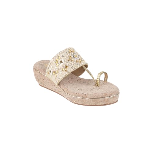 Metro Women Gold Embellished Faux Leather Ethnic Wedge Heels Sandal UK/6 EU/39 (35-1285) - Image 3