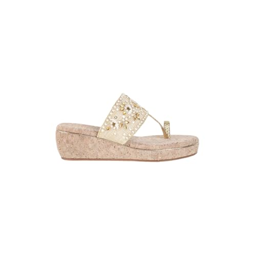 Metro Women Gold Embellished Faux Leather Ethnic Wedge Heels Sandal UK/6 EU/39 (35-1285) - Image 4