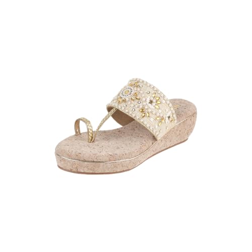 Metro Women Gold Embellished Faux Leather Ethnic Wedge Heels Sandal UK/6 EU/39 (35-1285) - Image 1