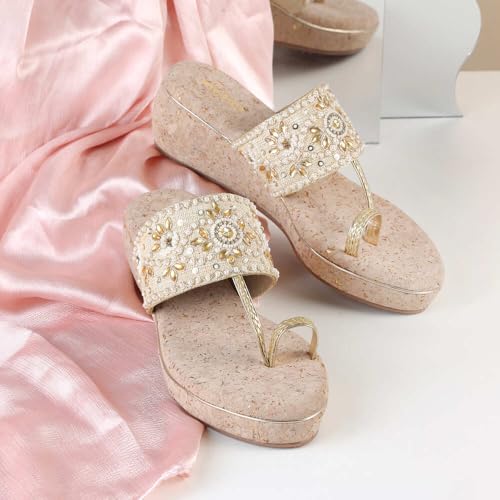 Metro Women Gold Embellished Faux Leather Ethnic Wedge Heels Sandal UK/6 EU/39 (35-1285) - Image 2