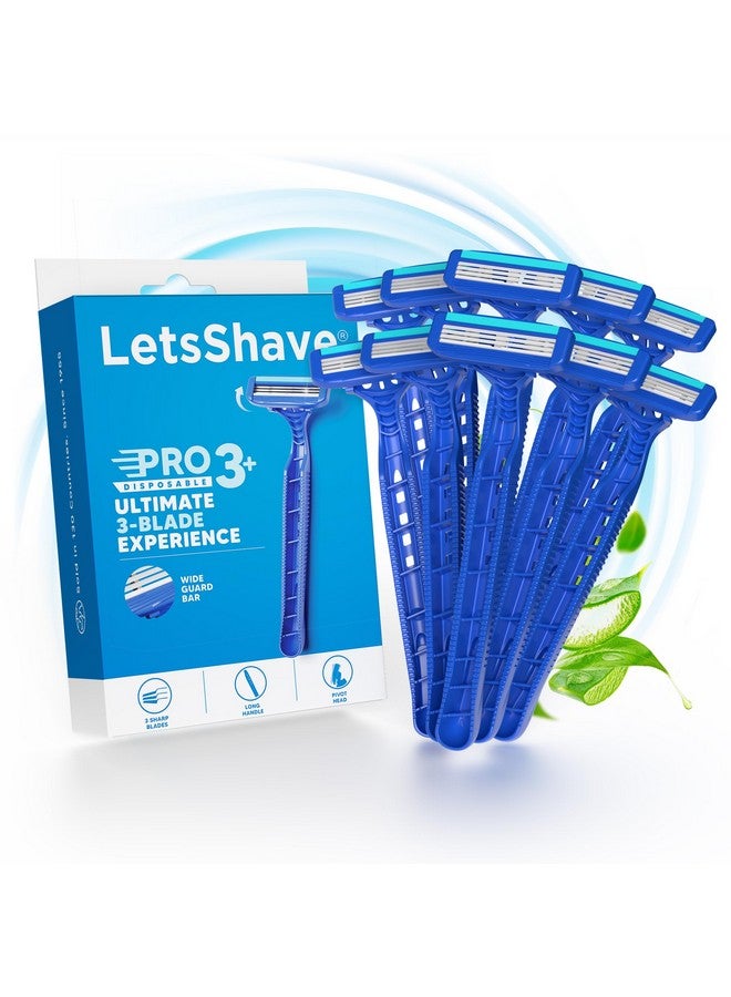 LetsShave Pro 3 Plus Disposable Shaving Razors For Men, Pack Of 10, Stainless Steel, Razor With Rubber Grip Handle & Safety Cap, Open Flow Hair Remover Made In South Korea, Razor For Men Face And Head - Image 1
