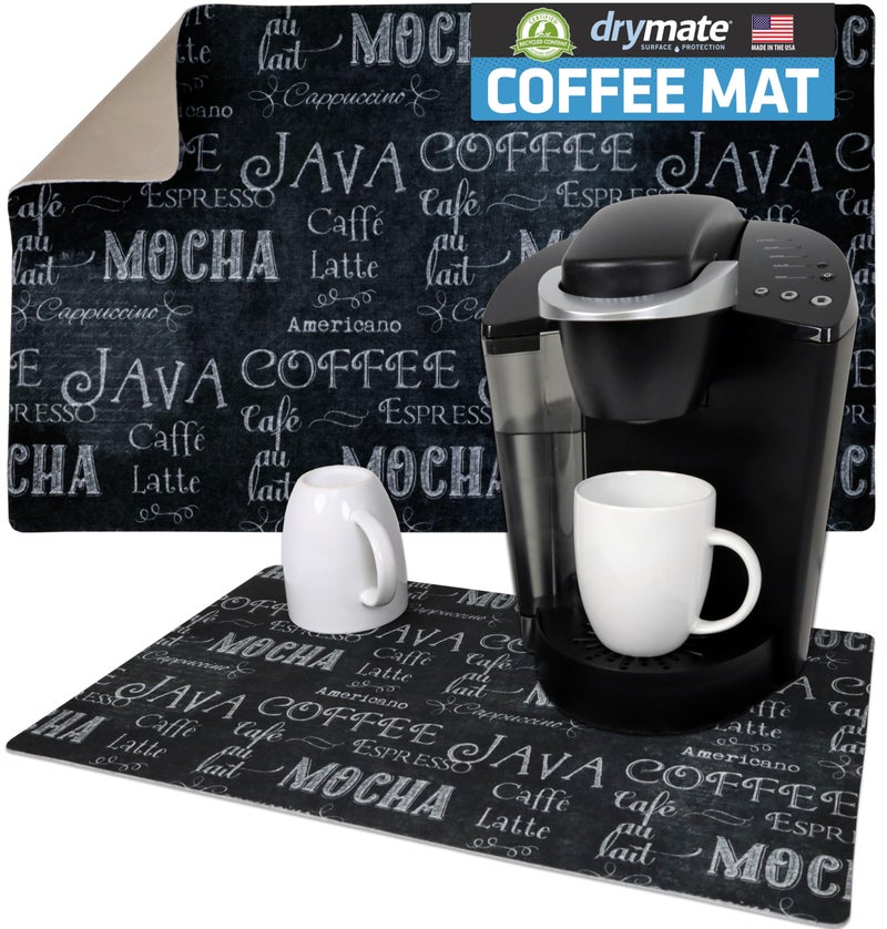 Drymate Coffee Maker Mat, (Coffee Station Bar Accessory) Protects Kitchen Countertops From Spills, Stains & Scratches, Absorbent, Waterproof, Washable (USA Made) (12â€ x 20â€) (Java Chalkboard) - Image 1