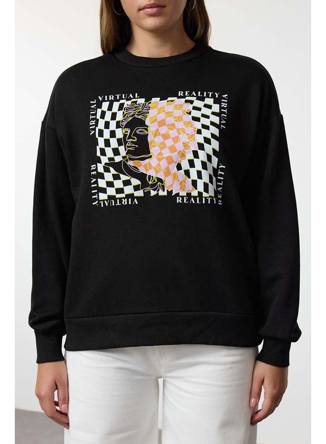 trendyol Black Fine Printed Regular Cut Knitted Sweatshirt TWOAW22SW0180  - Image 3